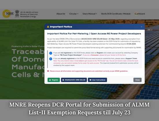 MNRE Reopens NISE DCR Portal till July 23 for ALMM List-II Investment Protection Claims